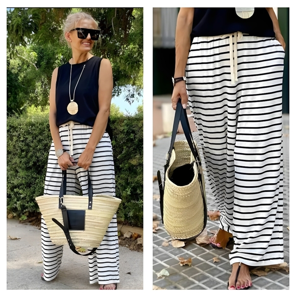 NEW! White Striped Pocket Casual Drawstring Wide LegPants - Picture 2 of 16